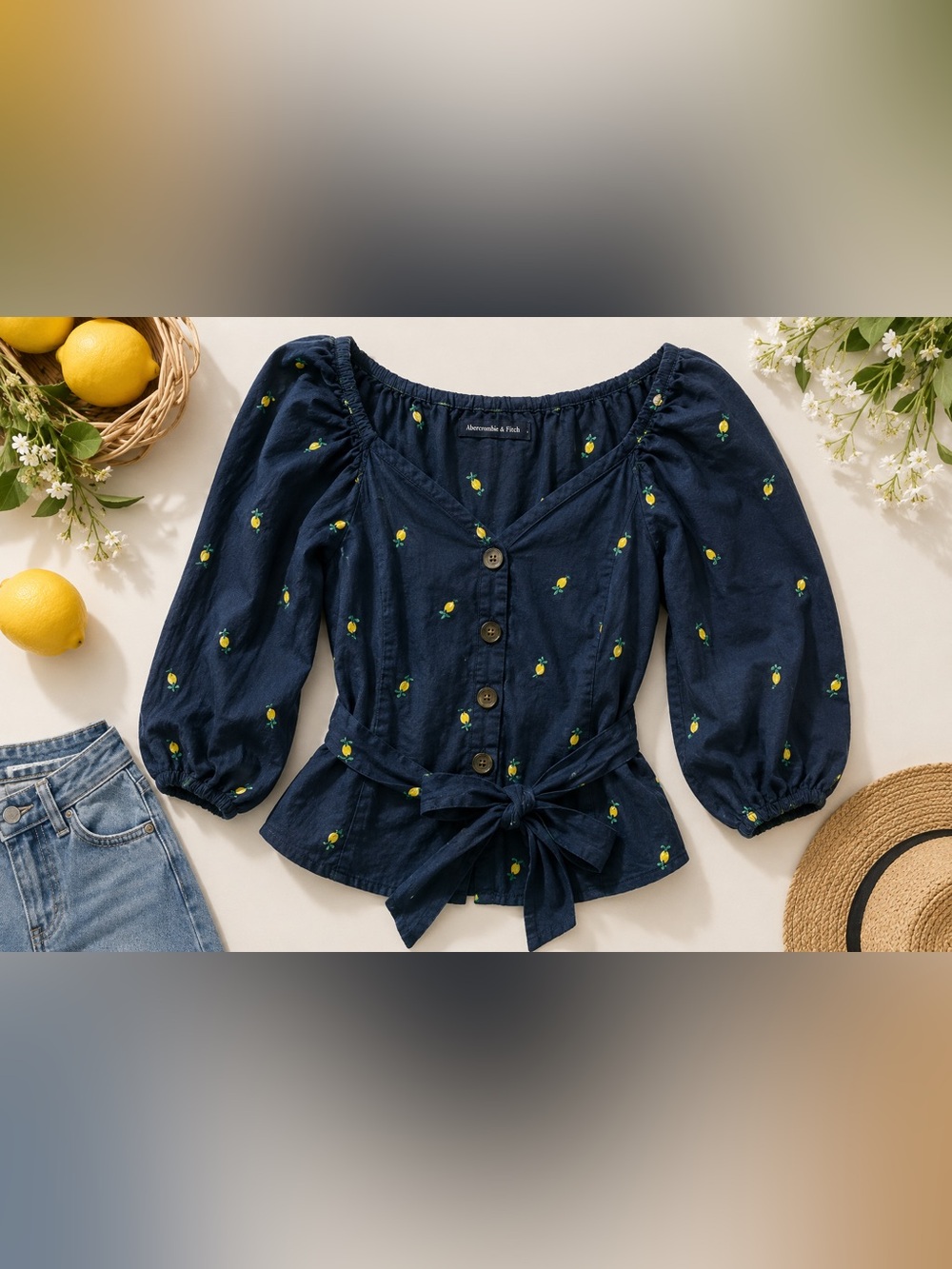 Abercrombie Lemon Print Cottagecore Puff Sleeve Tie Front Top Small